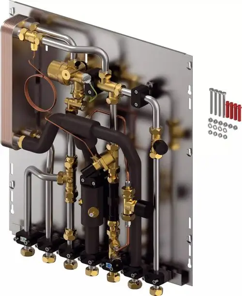 Uponor-Wärmeübergabestation mit verschiedenen Ventilen und Anschlüssen, montiert auf einer Metallplatte, zur Verbindung von Heiz- und Wassersystemen.